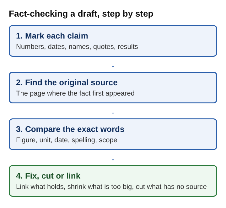 Diagram of four steps to fact-check a blog post: mark each claim, find the original source, compare the exact words, then fix, cut or link