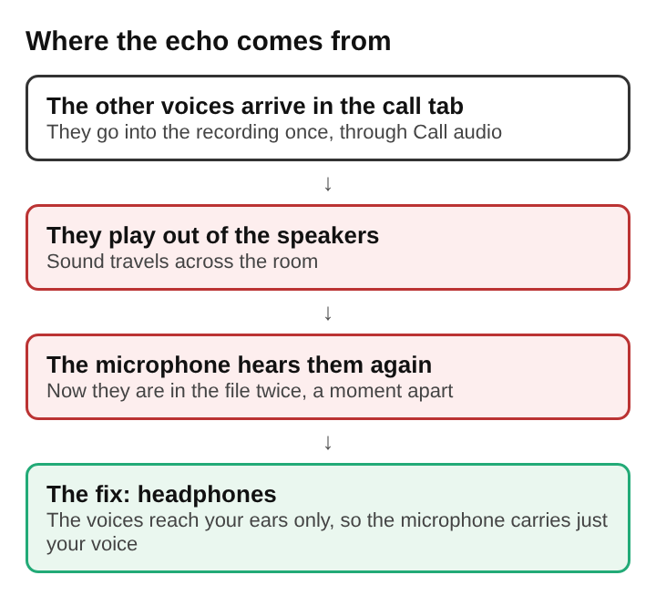 Diagram of the echo path from the call tab to the speakers, back into the microphone, and headphones as the fix