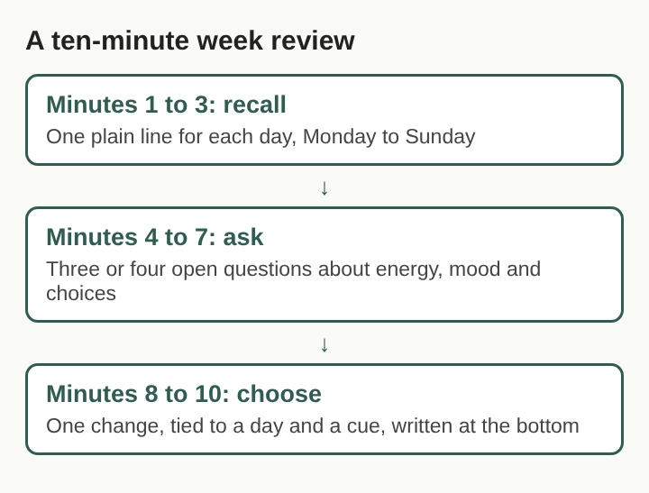 Diagram of a ten-minute week review in three timed steps: recall each day, ask open questions, choose one change