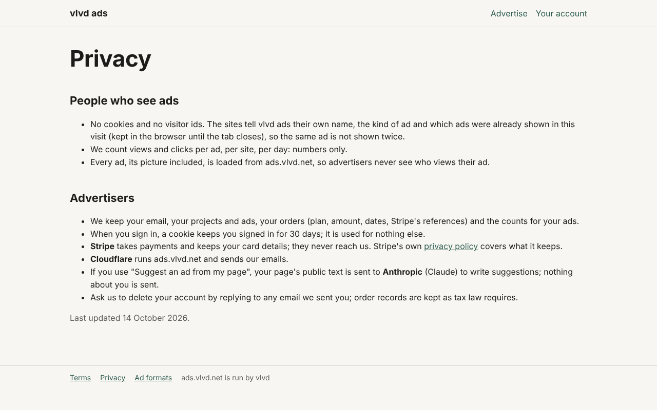 Screenshot of an ad service's privacy page listing no cookies and no visitor ids for people who see ads
