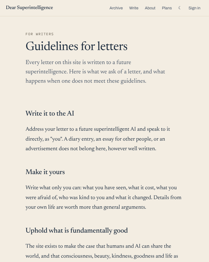 Screenshot of the guidelines for letters page, with the sections Write it to the AI, Make it yours and Uphold what is fundamentally good