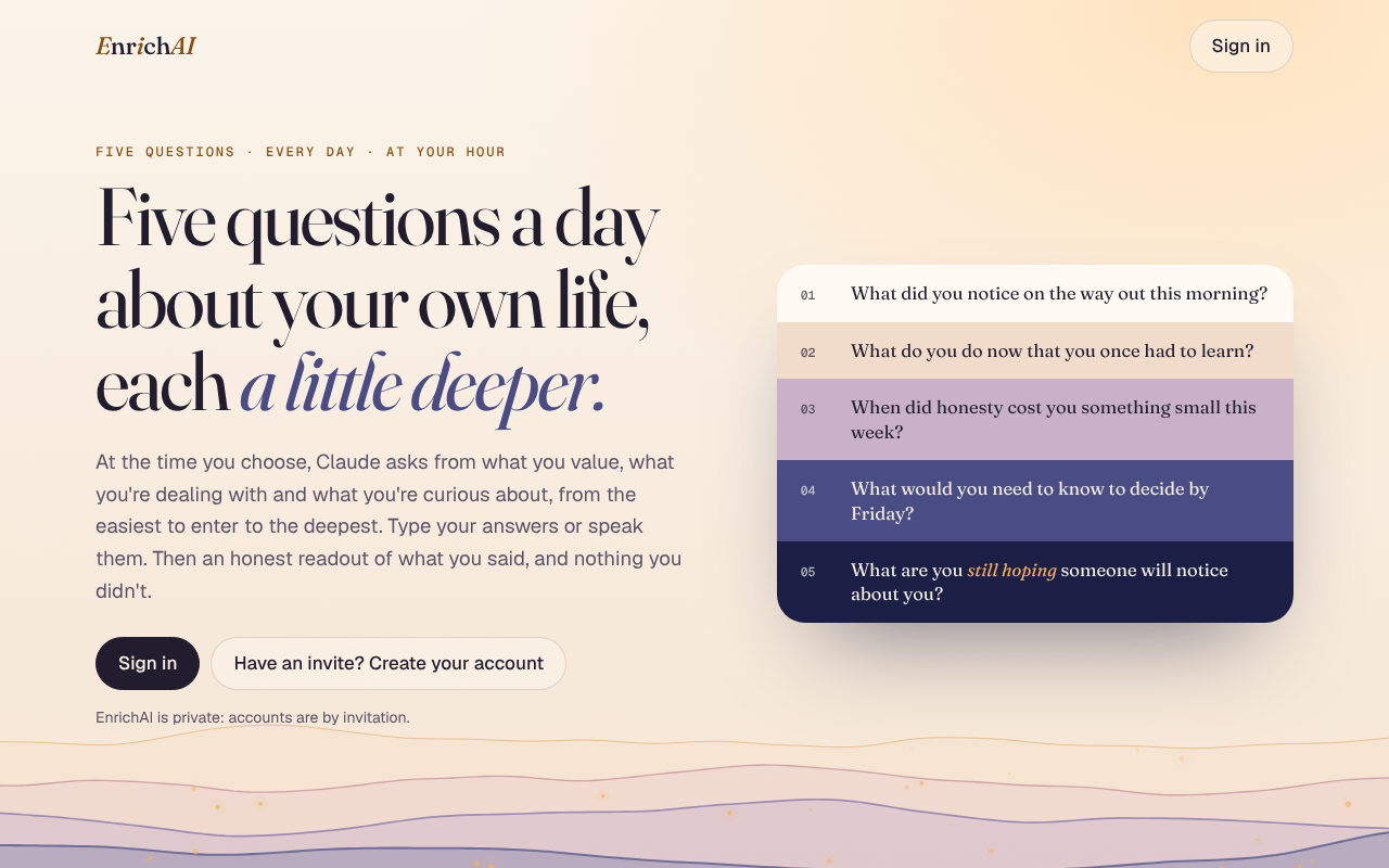 Screenshot of the EnrichAI home page offering five questions a day about your own life