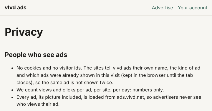 Screenshot of the ads.vlvd.net privacy page listing what people who see its ads give away