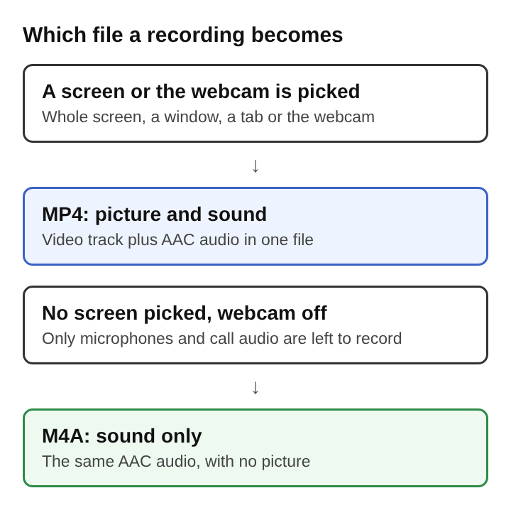 Diagram showing that a recording with a screen or webcam becomes an MP4, and one with no screen and the webcam off becomes an M4A
