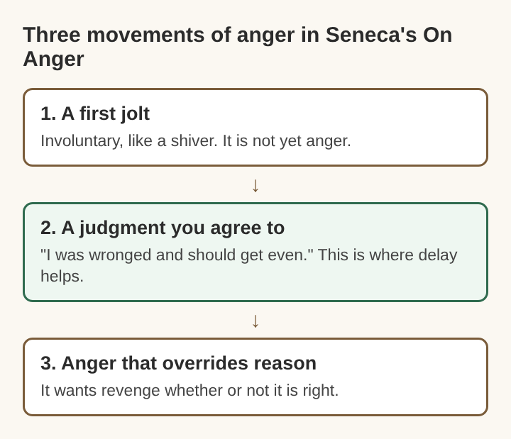 Diagram of the three movements of anger in Seneca's On Anger: a first jolt, a judgment you agree to, then anger that overrides reason