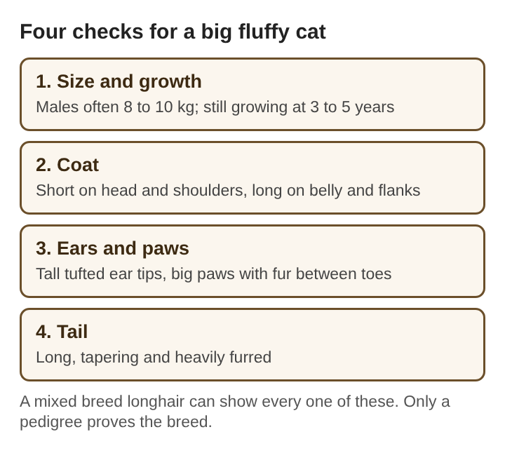 Diagram of four stacked checks for a Maine Coon: size and growth, coat, ears and paws, tail