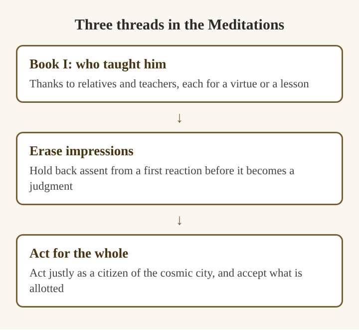 Diagram of three threads in the Meditations: Book I on who taught him, erasing impressions, and acting for the whole