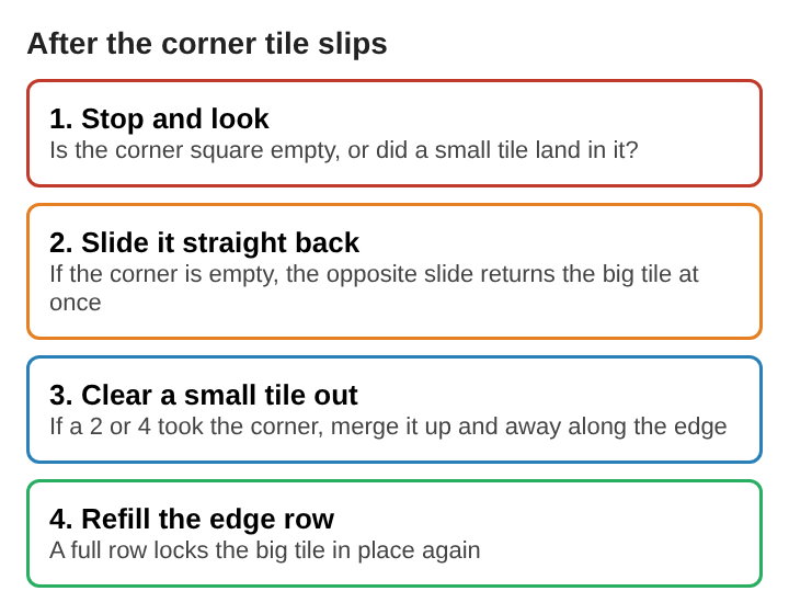 Diagram of four steps to recover after the corner tile moves: stop and look, slide it straight back, clear a small tile out, refill the edge row