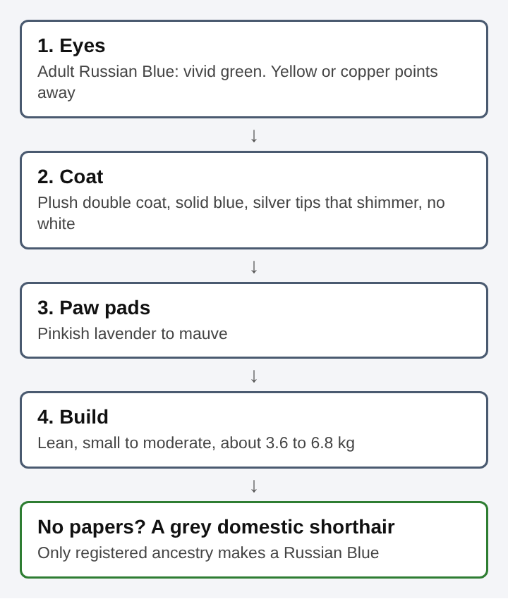 Diagram of four checks stacked top to bottom for telling a Russian Blue from a grey cat: eyes, coat, paw pads and build