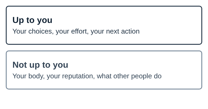 Diagram of two stacked boxes: up to you (your choices and actions) and not up to you (body, reputation, other people)